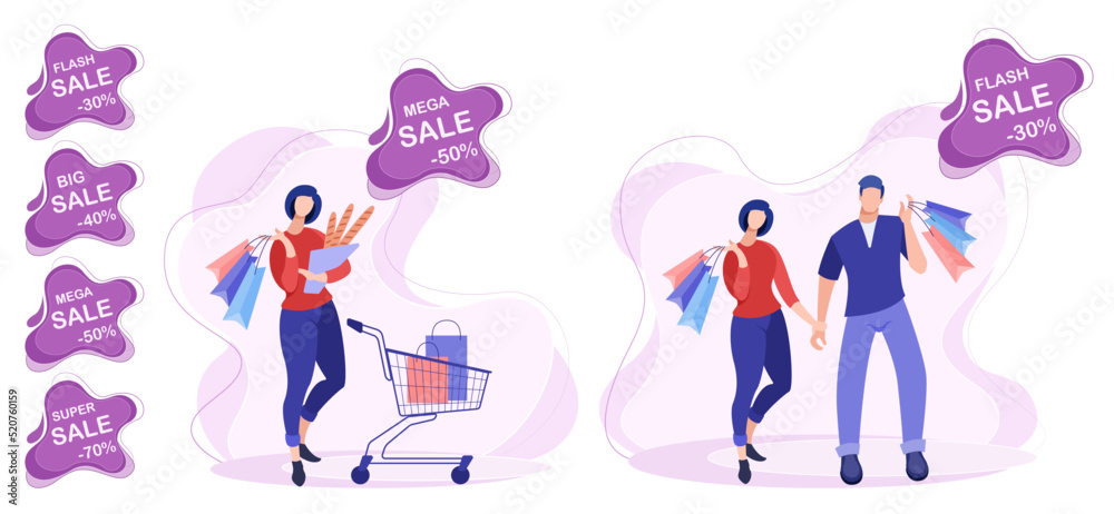 A man and a woman go shopping with a cart with bags and packages. Set of vector flat illustration concept of marketing, discount sale and shopping. Stickers price tags with promotion discounts A man and a woman go shopping with a cart with bags and packages. Set of vector flat illustration concept of marketing, discount sale and shopping. Stickers price tags with promotion discounts