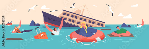 Shipwreck Concept. Shocked People Trying to Survive in Ocean with Sinking Ship and Scatter Floating Debris on Water