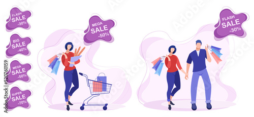 A man and a woman go shopping with a cart with bags and packages. Set of vector flat illustration concept of marketing  discount sale and shopping. Stickers price tags with promotion discounts