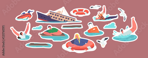 Set of Stickers Shipwreck and Sinking People Trying to Survive in Ocean, Shipwrecked Ship, Gulls, Rescuers on Boat