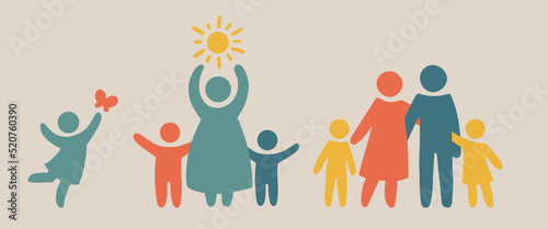 Family silhouettes. Happy family icon multicolored in simple figures. Сhildren, dad and mom stand together. Parents and twins children. Vector can be used as logotype.