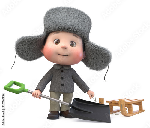 3d illustration of a little boy in winter clothes with a shovel for snow removal