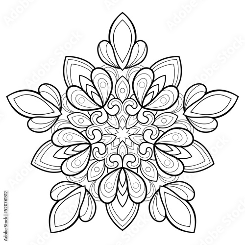 Decorative mandala with simple patterns and elements on a white isolated background. For coloring book pages.