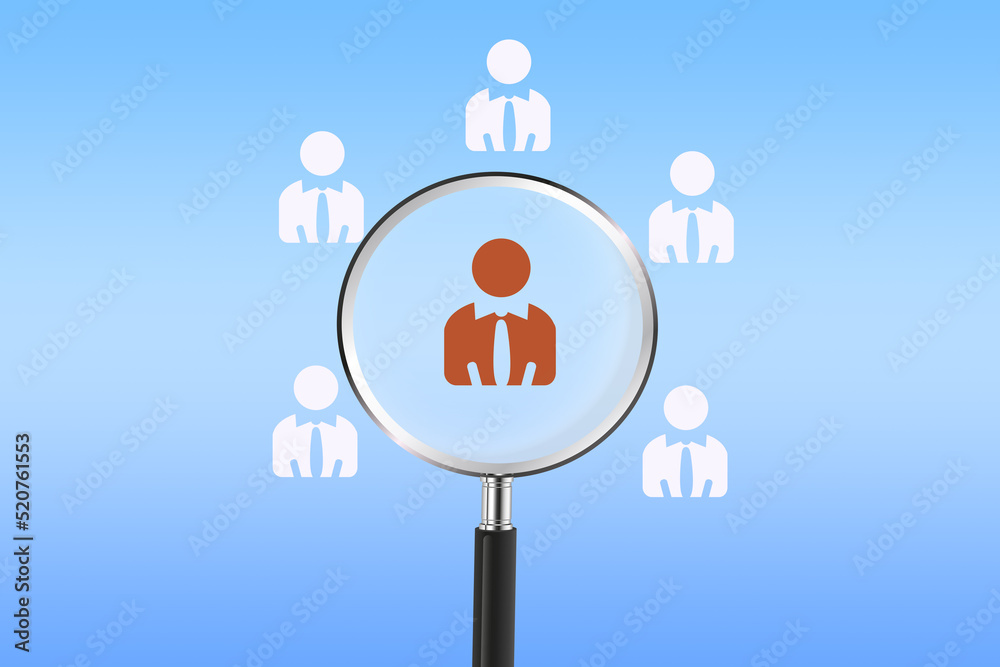 Focus a magnifying glass on the manager icon, which is one of the staff icons for human development, recruitment leadership, and customer target group consideration. 3d rendering Focus a magnifying glass on the manager icon, which is one of the staff icons for human development, recruitment leadership, and customer target group consideration. 3d rendering