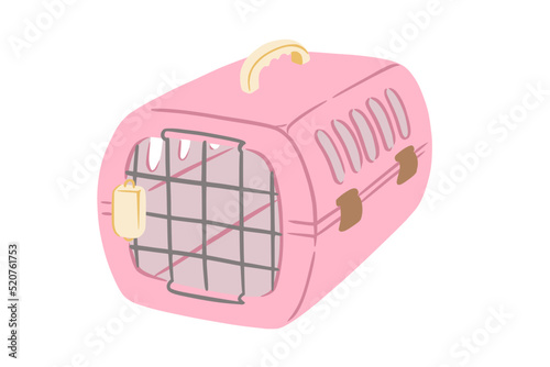 Pet carrier with metal door. Pink carrier to transport animals in voyages. Vector illustration in cute doodle style