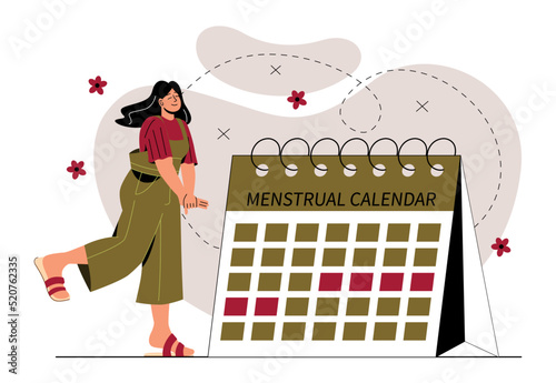 Menstrual calendar concept. Health and pregnancy. Cycle monitoring. Monthly schedule with marked days for woman and girl. Female Period. Design element for website. Cartoon flat vector illustration