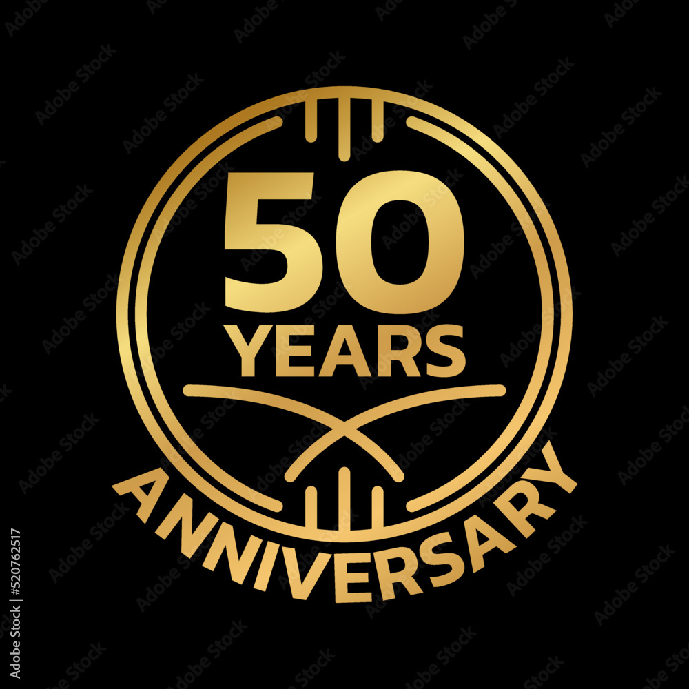 50th Anniversary golden logo or icon. 50 years round stamp design. Birthday celebrating, jubilee circle badge or label template. Vector illustration.