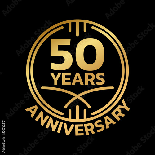 50th Anniversary golden logo or icon. 50 years round stamp design. Birthday celebrating, jubilee circle badge or label template. Vector illustration.