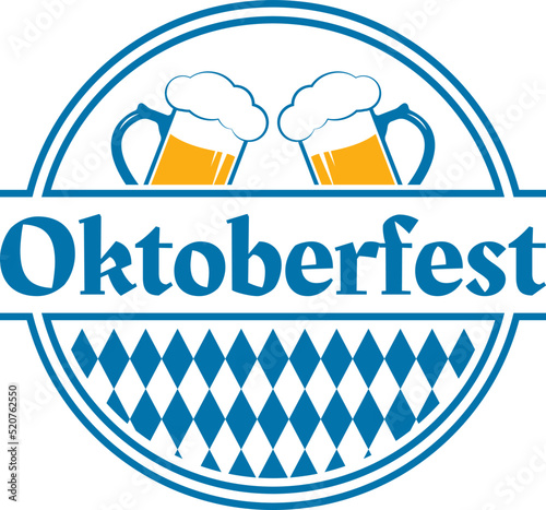 Oktoberfest logo or label. Beer festival emblem design. Bavaria fest icon or sign with beer mugs. Vector illustration