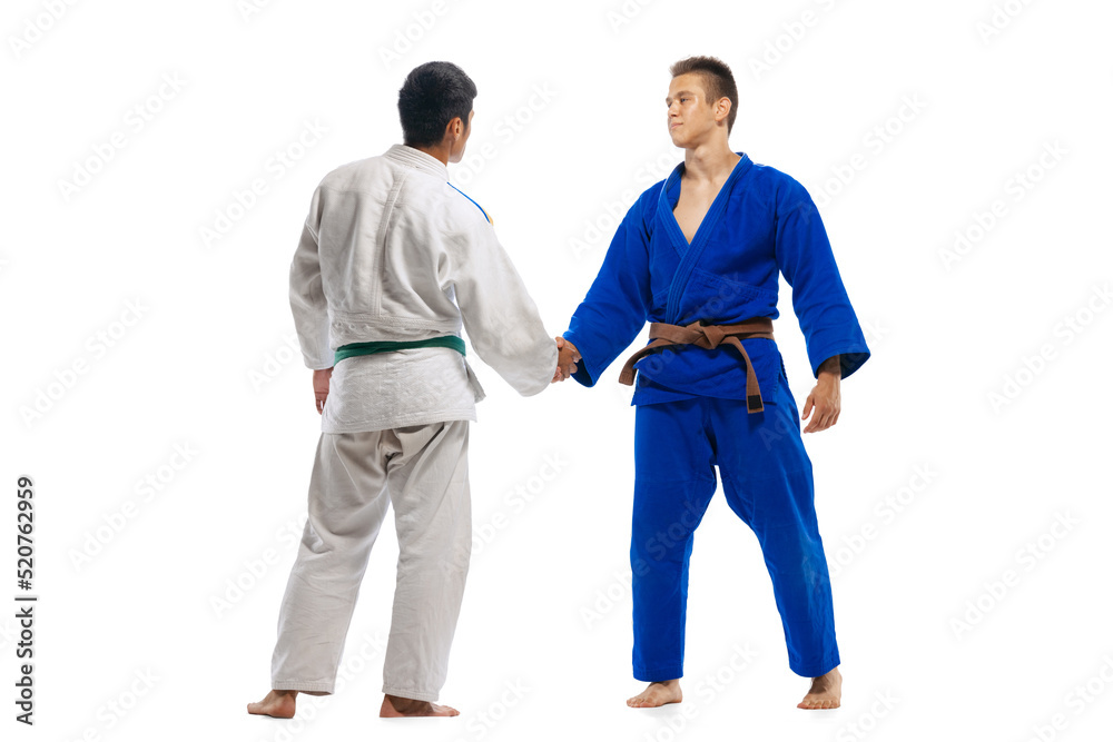 Portrait of two young men, martial arts sportsmen greeting each other with handshake isolated over white background. After fight Portrait of two young men, martial arts sportsmen greeting each other with handshake isolated over white background. After fight