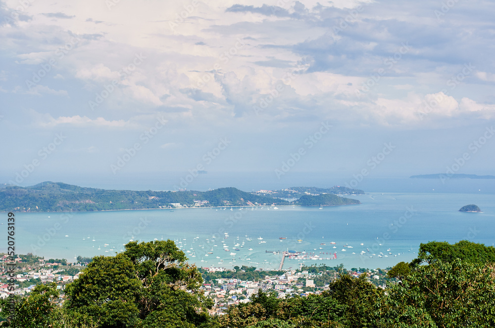 Phuket island view point. Beautiful tropical landscape with city on the sea shore.