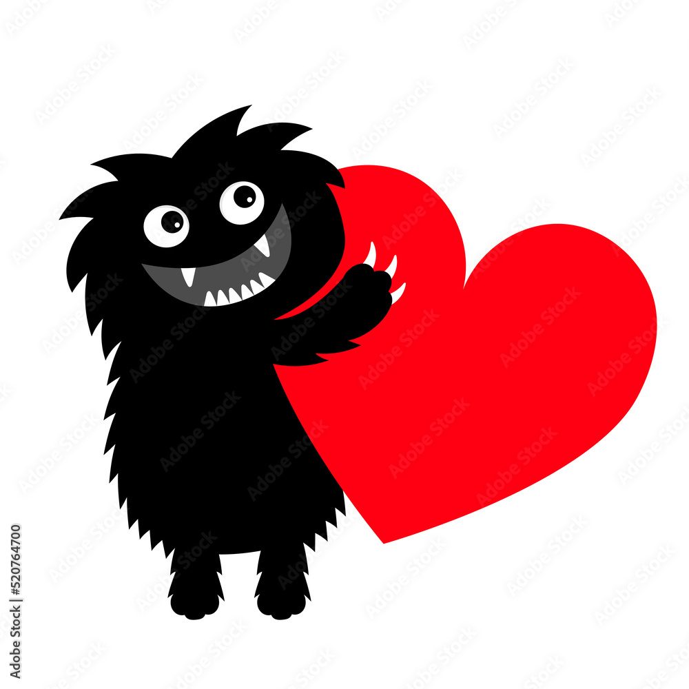 Monster holding big red heart. Happy Halloween. Cute cartoon kawaii funny animal character head face. Flat design. Love card. Sticker print. White background. Isolated.