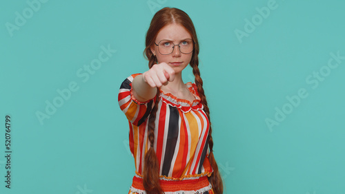 Fotografiet Greedy avaricious redhead girl showing fig negative gesture, you dont get it anyway