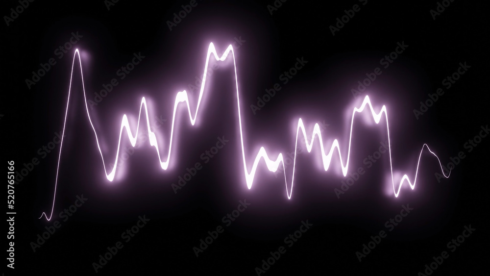 Glowing line oscillates on black background. Design. Bright neon line pulsates with musical frequency. Moving line of sound equalizer or spectrogram