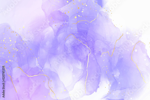 Violet cyan blue liquid watercolor background with golden stains. Teal mauve purple marble alcohol ink drawing effect. Vector illustration design template for wedding invitation, menu, rsvp