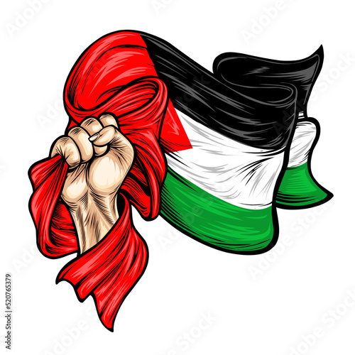 Vector illustration on the theme freedom palestine. Hands with national flags of palestine