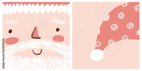 Cute Winter Holidays Vector Illustration Set with Kawaii Style Hand Drawn Santa Claus Simling Face and Red Dotted Santa Hat. Infantile Style Christmas Holidays Print ideal for Card, Wall Art, Poster. photo