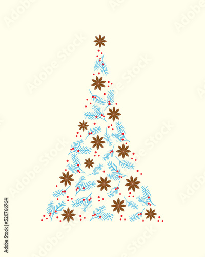Christmas blue tree star anise fir coniferous branch juniper red berry. Vector illustration