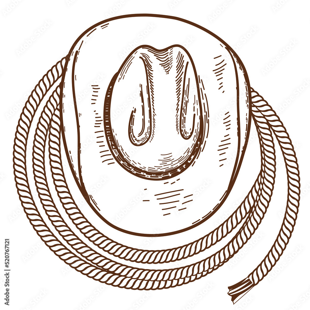 Vecteur Stock Cowboy hat and lasso. Vector hand drawn illustration with  Western cowboy hat and Country rodeo lasso isolated on white background |  Adobe Stock