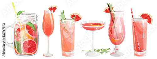 A set of grapefruit cocktails.Refreshing drinks, grapefruit juice, lemonade in a jar.Paloma cocktail, grapefruit martini.Vector illustration.