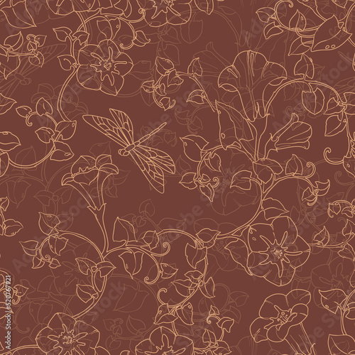 Seamless pattern curly bindweed flowers. Floral color illustration.