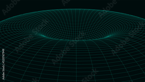 Abstract tunnel with a green mesh structure on a dark background. 3D grid of tunnels and corridors. Vector wormhole.
