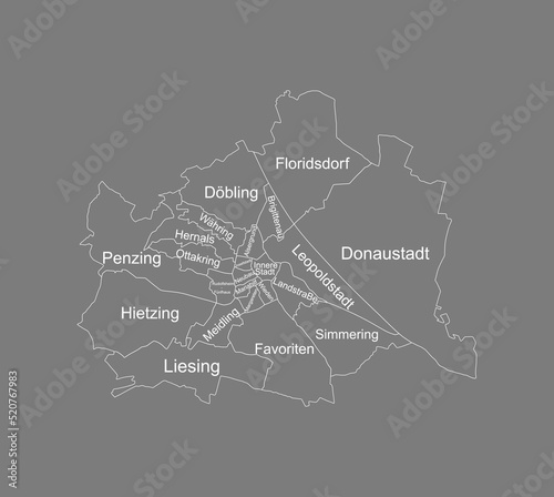 City Vienna map vector silhouette illustration isolated on gray background. High detailed. Capital town in Austria administrative division borders. Central Europe culture center.