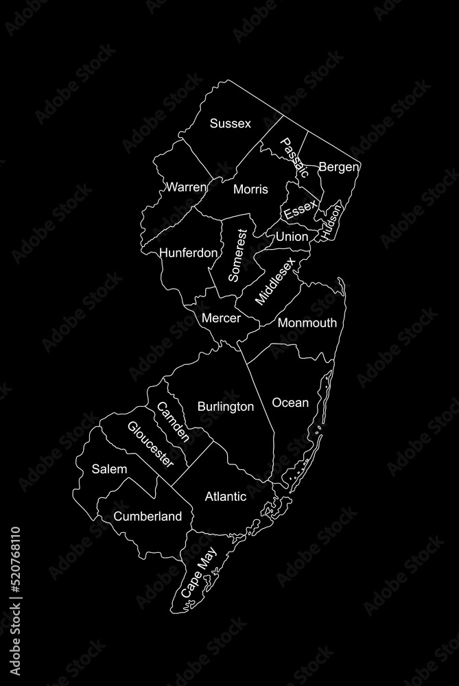New Jersey map vector silhouette illustration isolated on black background. High detailed. United state of America country. New Jersey line contour map with separated county borders.