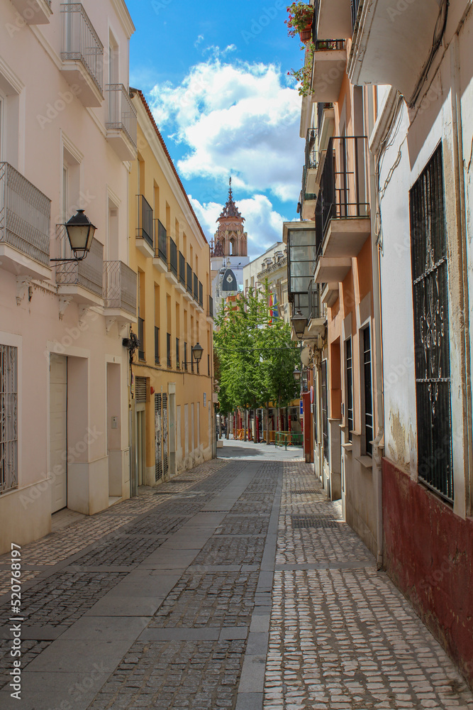 Badajoz, Spain, September 10, 2021: A narrow street in the historic center of Badajoz.