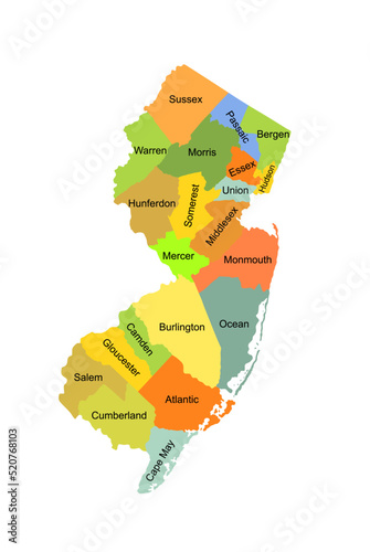 Colorful New Jersey map vector silhouette illustration isolated on white background. High detailed. United state of America country. New Jersey line contour map with separated county borders. photo