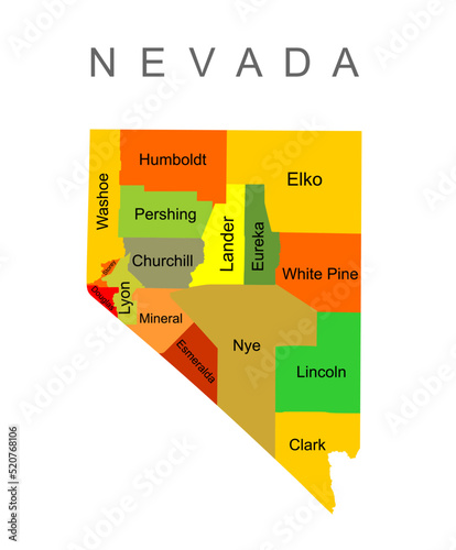 Colorful Nevada State vector map silhouette illustration isolated on white background. High detailed illustration. United state of America country. Nevada map with separated county borders. photo