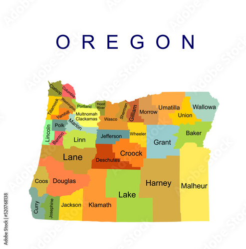 Colorful Oregon vector map silhouette illustration isolated on white background. High detailed illustration. United state of America country. Oregon line contour map wit separated counties borders.