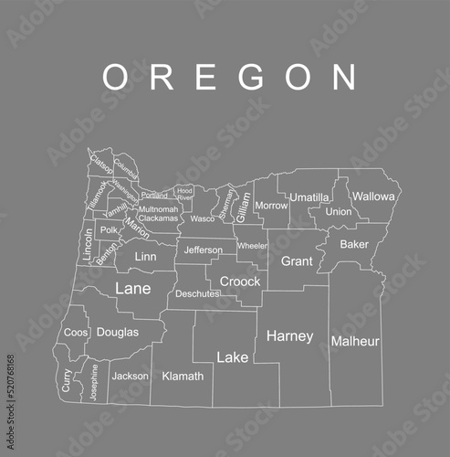 Oregon vector map silhouette illustration isolated on gray background. High detailed illustration. United state of America country. Oregon line contour map wit separated counties borders.