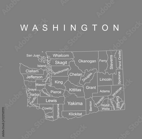 Washington State vector map silhouette illustration isolated on gray background. High detailed illustration. United state of America country. Washington map with separated county borders.