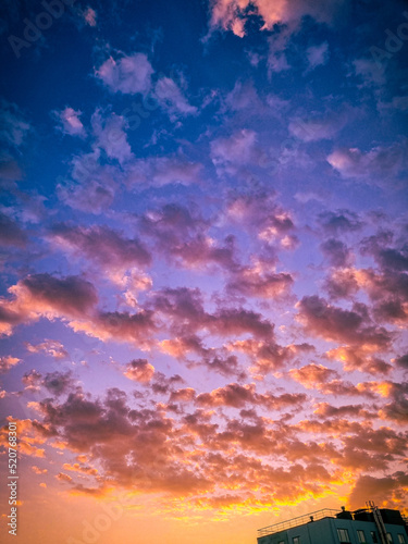 Juicy beautiful sky in the rays of the setting sun