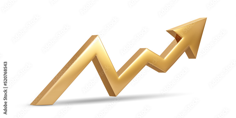 Gold up arrow success isolated on white 3d background with growth
