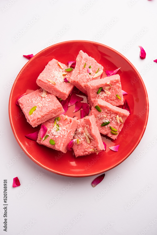 Rose Kalakand pink barfi or burfi also known as flavoured Mishri Mava ...