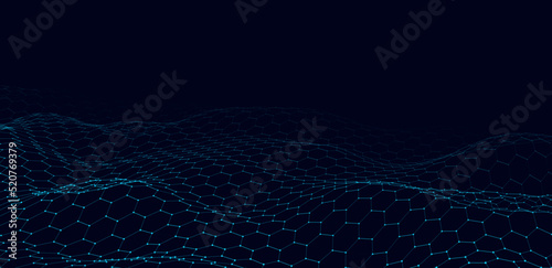 Futuristic vector hexagon wave. Dark cyberspace. Abstract wave with dots and line. White moving particles on background.