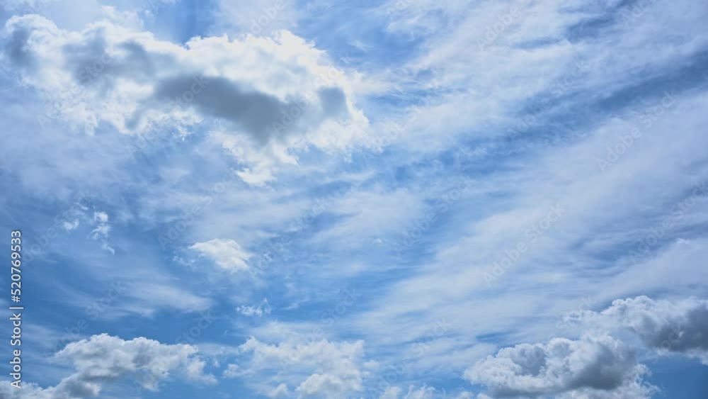 White clouds in the blue sky, timelapse video. Bright beautiful sky, copy space background. UHD 4k