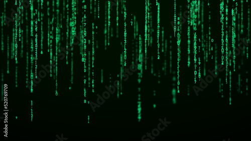 Technology binary code. Random falling digits on screen. Hacked software. Matrix sciense background. Big data analytics. 3D rendering.