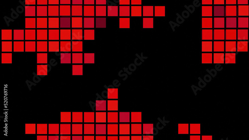 Retro background with moving mosaic squares on black background. Design. Colored squares randomly move on black background. Retro game background with squares