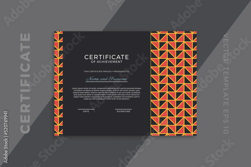 Trendy business diploma mockup for graduation or course completion. Horizontal certificate of appreciation dark template with modern minimal geometric pattern. Vector background EPS 10