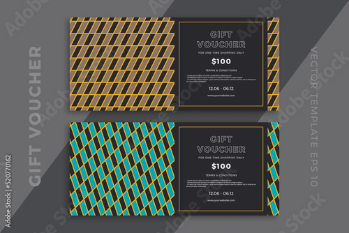 Modern gift card templates with geometric pattern on dark background. Discount coupon or certificate mockup with trendy minimal geometric mosaic. Simple vector editable background with sample text
