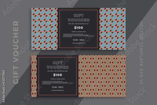 Modern gift card templates with geometric pattern on dark background. Discount coupon or certificate mockup with trendy minimal geometric mosaic. Simple vector editable background with sample text