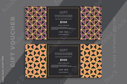Modern gift card templates with geometric pattern on dark background. Discount coupon or certificate mockup with trendy minimal geometric mosaic. Simple vector editable background with sample text
