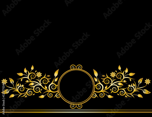 Golden circle floral ornament frame on black color