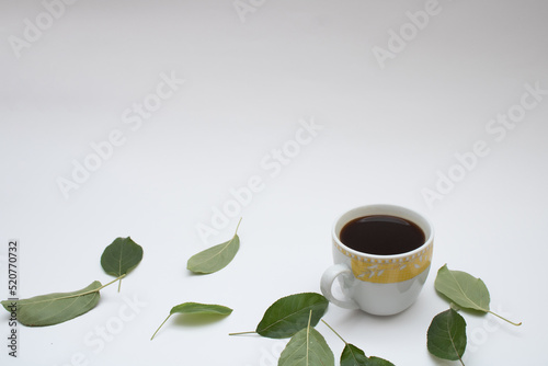 White-yellow cup of coffee with green leaves laid on white background. Minimal concept.