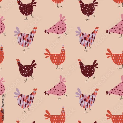 Funny Cartoons Chicken and Hens Seamless Pattern