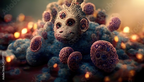 Banner with smallpox virus, silhouette of a monkey in a virus, Pandemic design of a monkey pox virus outbreak with a microscopic background. 3d render photo