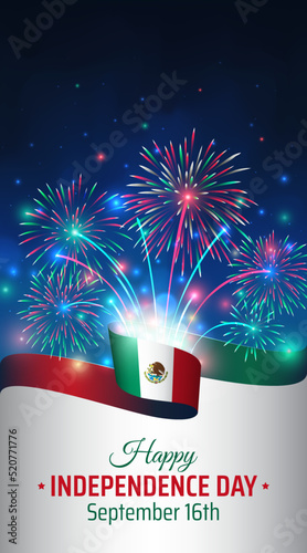 Fotografie, Tablou September 16, mexico independence day, vector template with mexican flag and colorful fireworks on blue night sky background